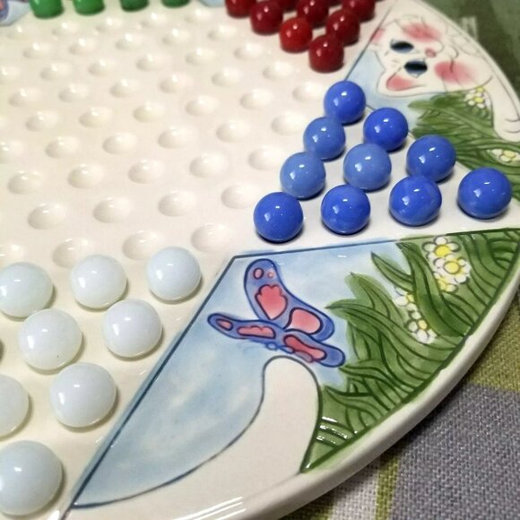 Rare Ceramic Chinese Checkers Cat And Butterfly Board And Marbles Complete Set - Picture 8 of 13